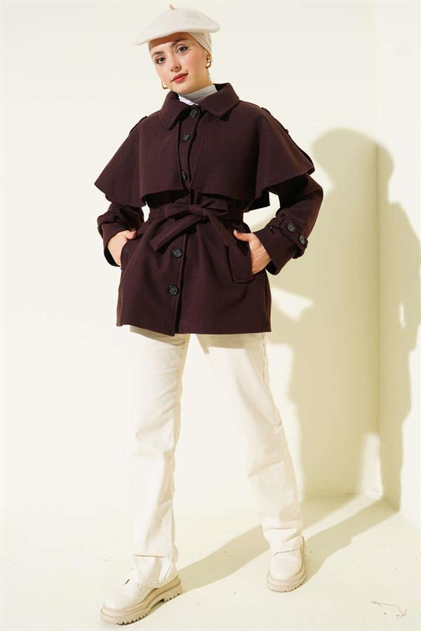 Short Cashmere Coat with Epaulettes and Cape, Bitter Brown