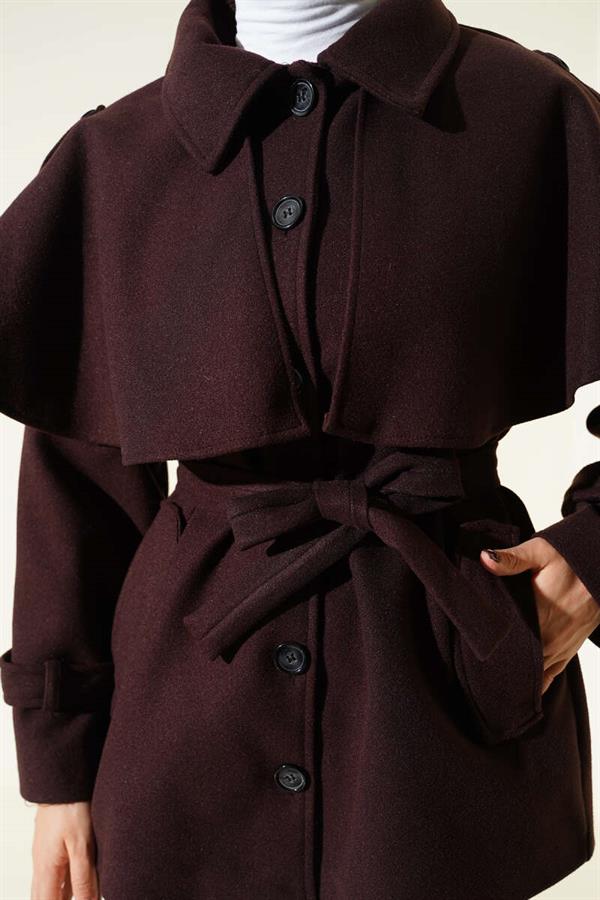 Short Cashmere Coat with Epaulettes and Cape, Bitter Brown