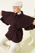 Short Cashmere Coat with Epaulettes and Cape, Bitter Brown