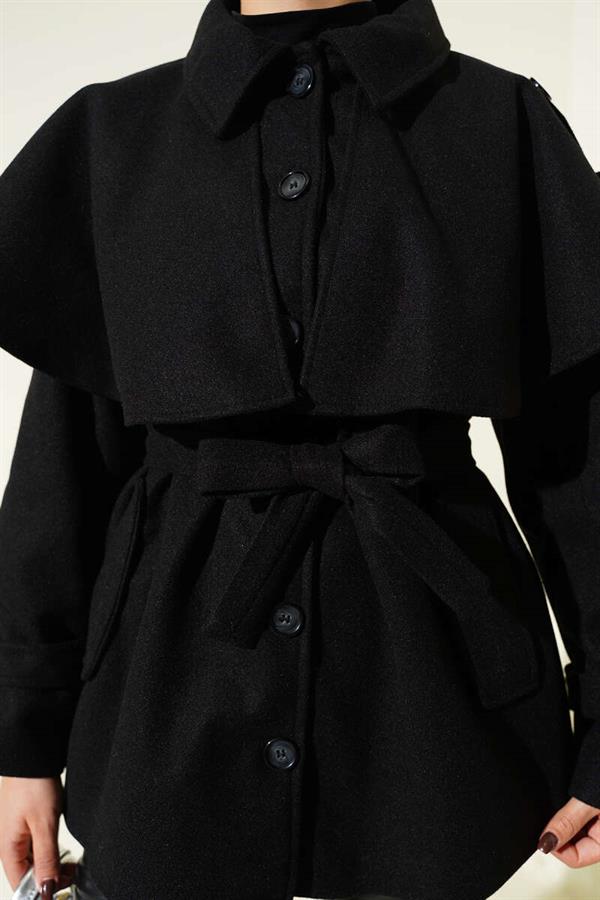 Short Cashmere Coat with Epaulettes and Cape, Black