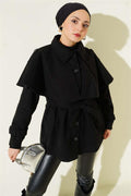 Short Cashmere Coat with Epaulettes and Cape, Black