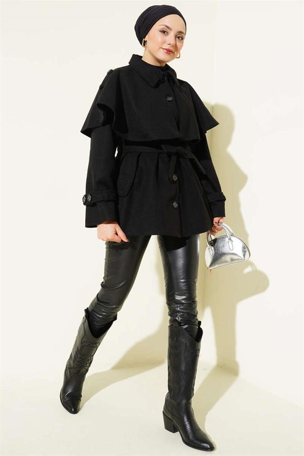 Short Cashmere Coat with Epaulettes and Cape, Black