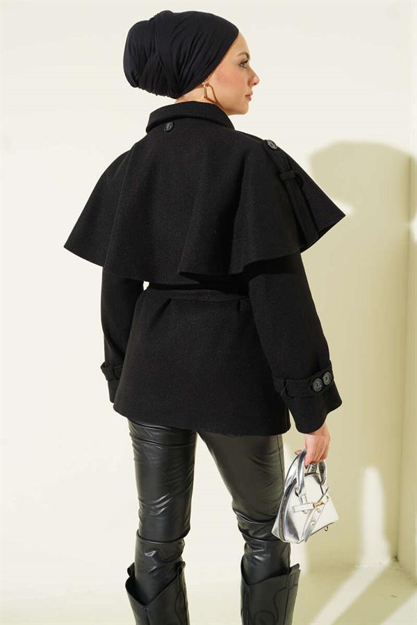 Short Cashmere Coat with Epaulettes and Cape, Black