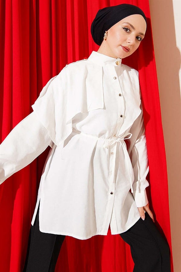 Modal Shirt with Epaulette and Cape, Ecru