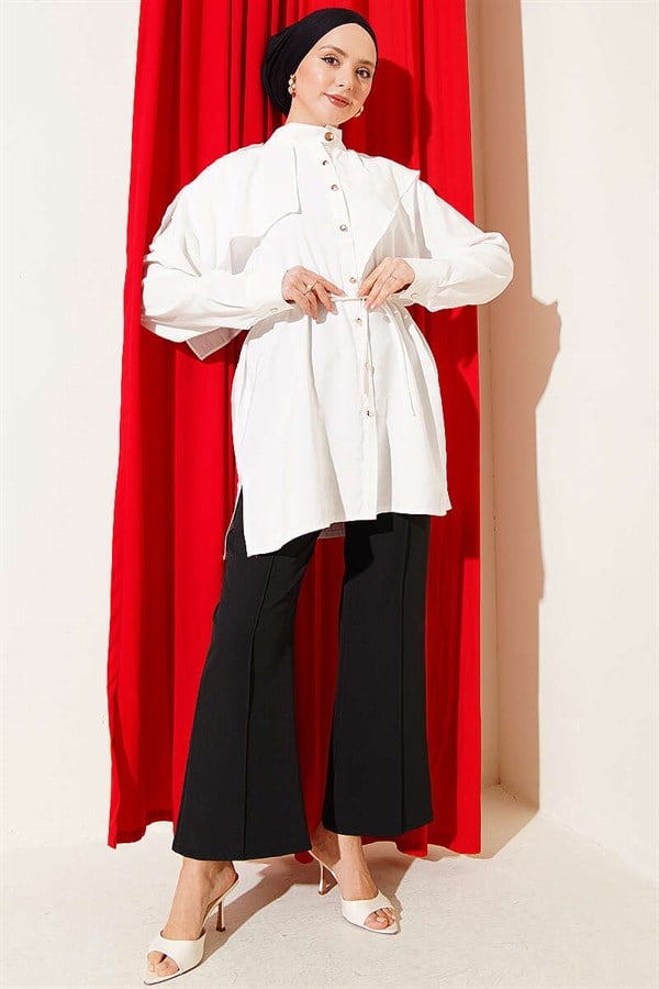 Modal Shirt with Epaulette and Cape, Ecru