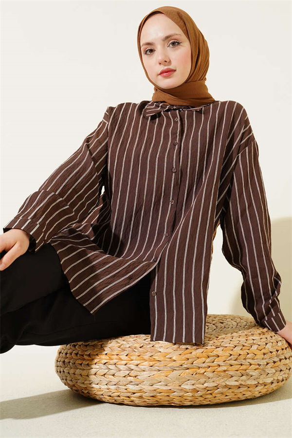 Back Double Pleated Striped Shirt Coffee