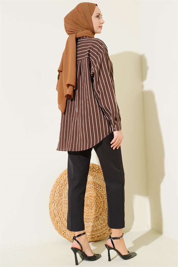 Back Double Pleated Striped Shirt Coffee