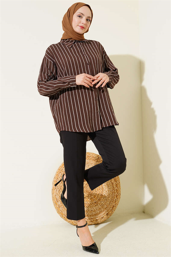 Back Double Pleated Striped Shirt Coffee