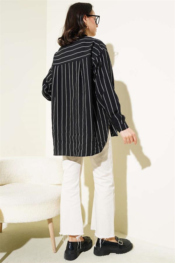 Back Double Pleated Striped Shirt Black