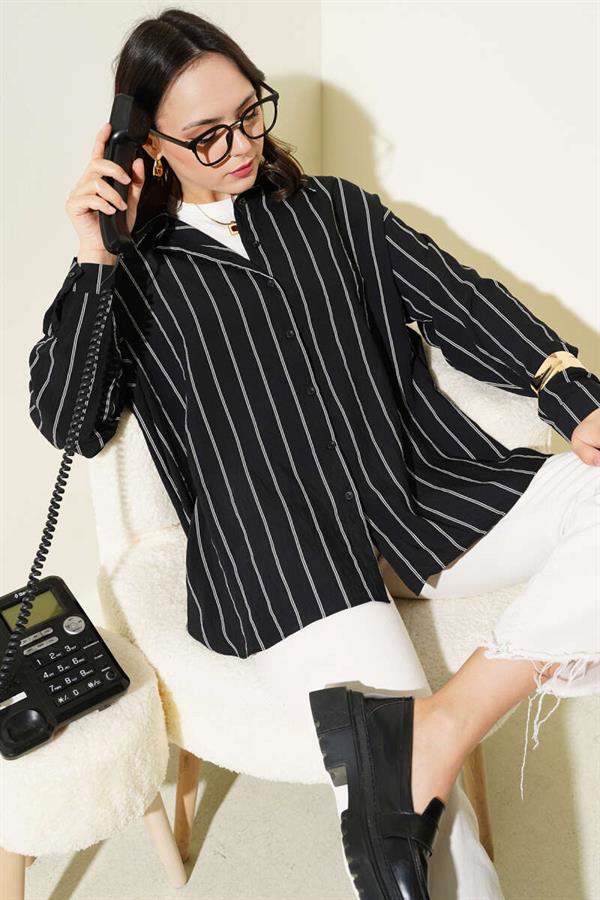 Back Double Pleated Striped Shirt Black