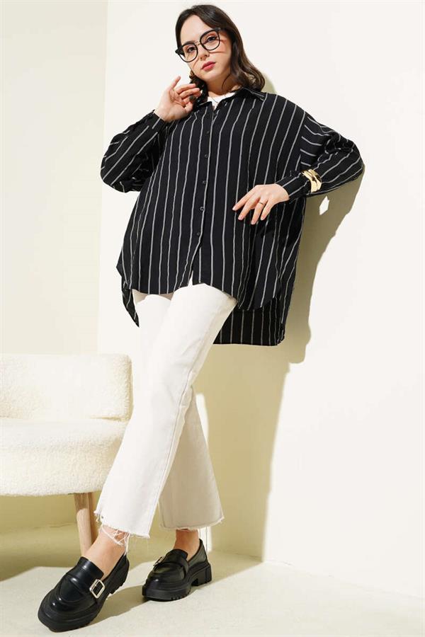 Back Double Pleated Striped Shirt Black