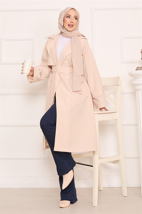 Hijab Trench Coat with Button Detail on the Back and Removable Belt Stone