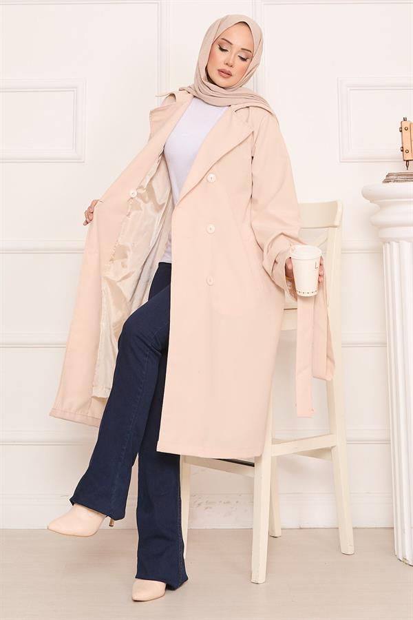 Hijab Trench Coat with Button Detail on the Back and Removable Belt Stone