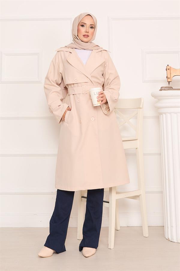 Hijab Trench Coat with Button Detail on the Back and Removable Belt Stone