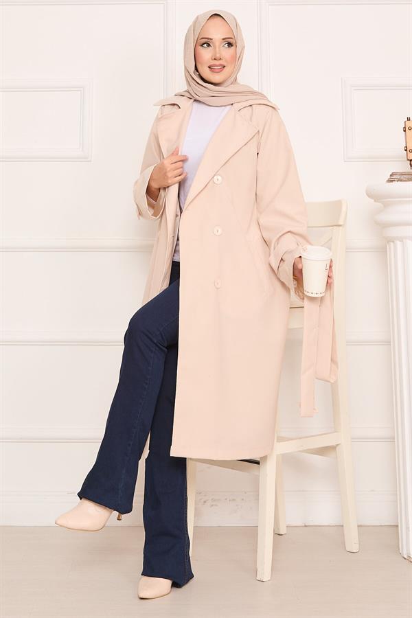 Hijab Trench Coat with Button Detail on the Back and Removable Belt Stone
