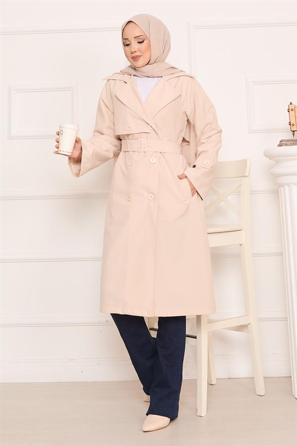 Hijab Trench Coat with Button Detail on the Back and Removable Belt Stone