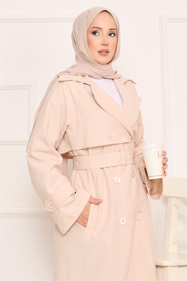 Hijab Trench Coat with Button Detail on the Back and Removable Belt Stone