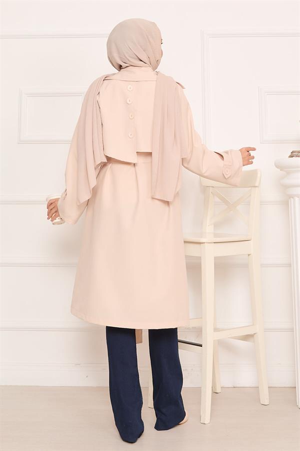 Hijab Trench Coat with Button Detail on the Back and Removable Belt Stone