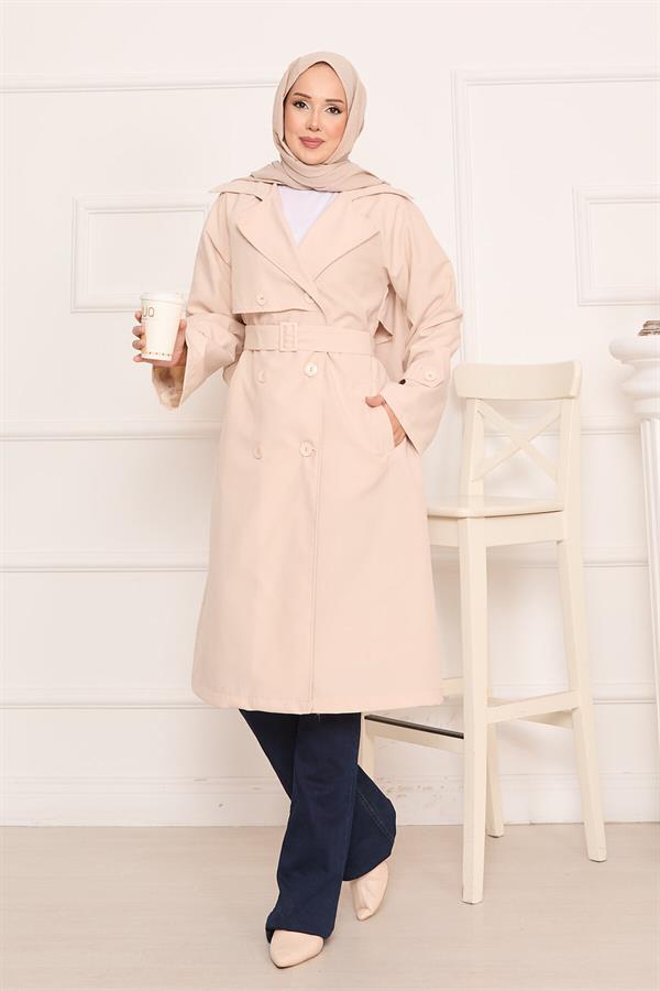 Hijab Trench Coat with Button Detail on the Back and Removable Belt Stone