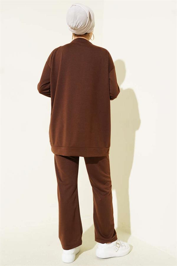 Emblem Detailed Basic Vest 2 Piece Set Coffee