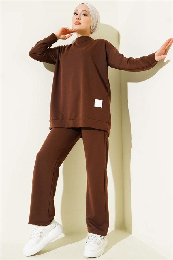Emblem Detailed Basic Vest 2 Piece Set Coffee