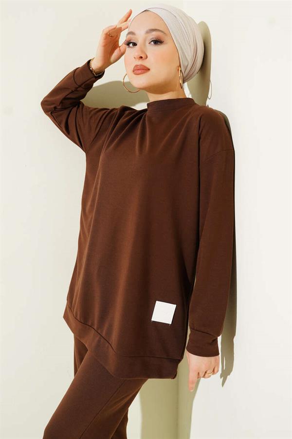Emblem Detailed Basic Vest 2 Piece Set Coffee