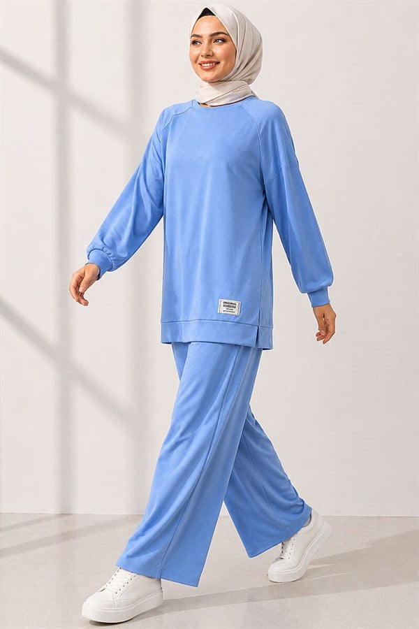 Emblem Detailed Casual Loisha 2 Piece Set, Baby Blue