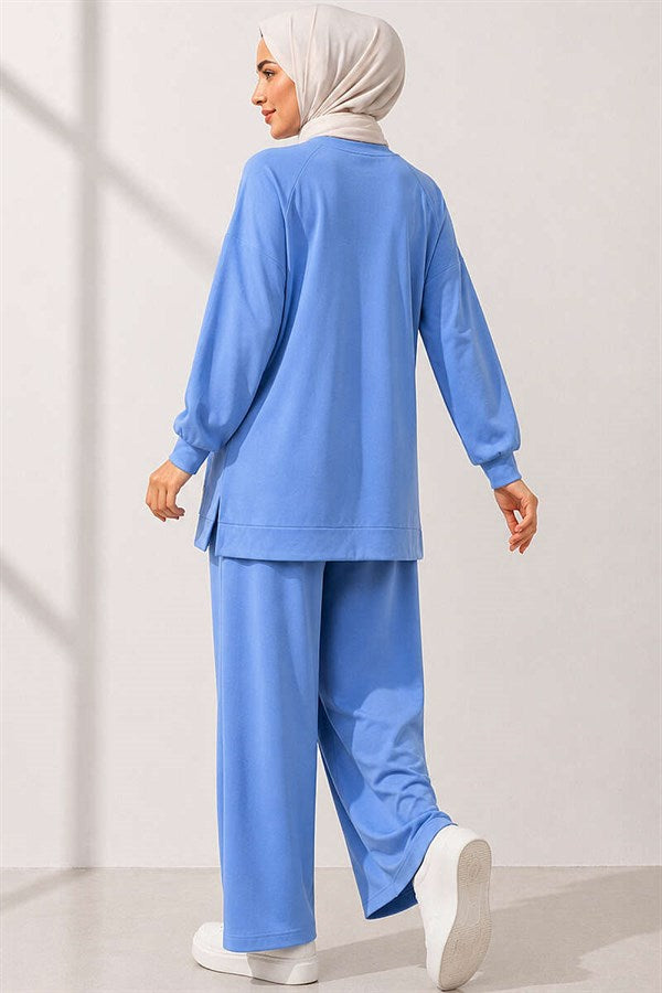 Emblem Detailed Casual Loisha 2 Piece Set, Baby Blue