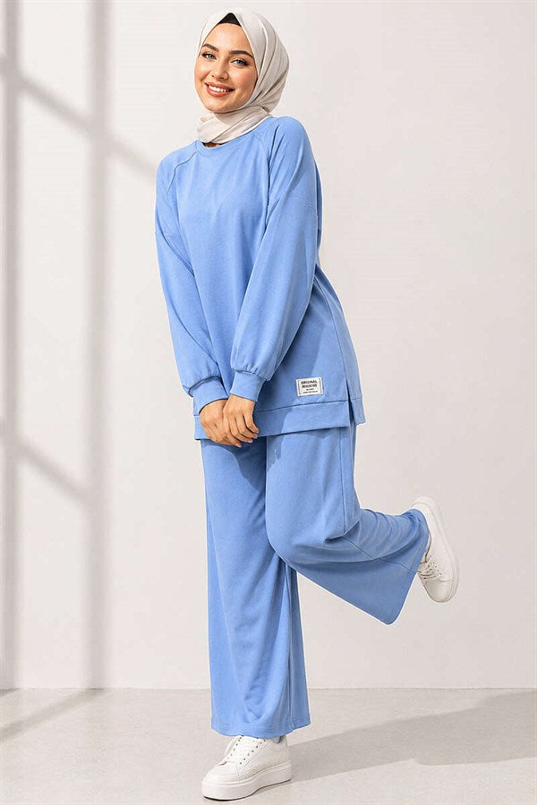 Emblem Detailed Casual Loisha 2 Piece Set, Baby Blue