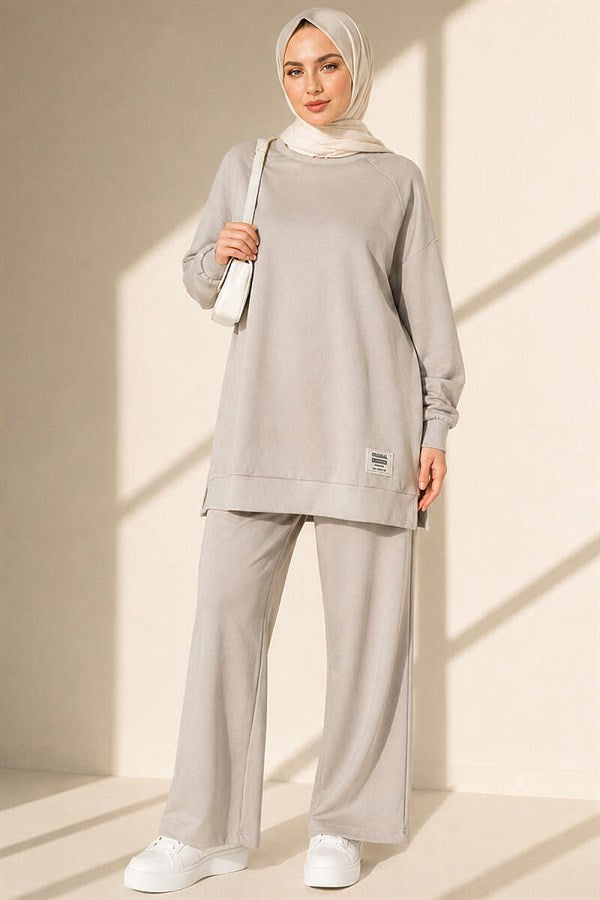 Emblem Detailed Casual Loisha 2 Piece Set, Beige