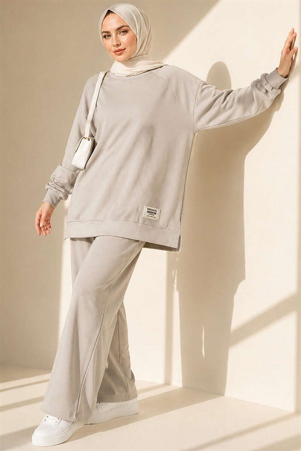 Emblem Detailed Casual Loisha 2 Piece Set, Beige