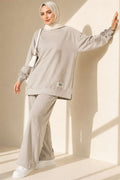 Emblem Detailed Casual Loisha 2 Piece Set, Beige