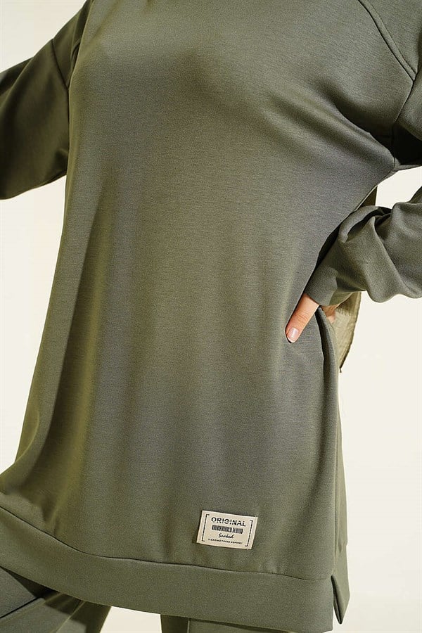 Emblem Detailed Casual Loysha 2 Piece Set, Khaki