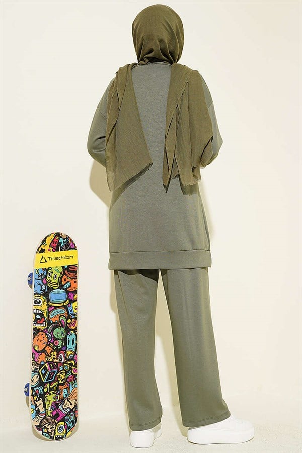 Emblem Detailed Casual Loysha 2 Piece Set, Khaki