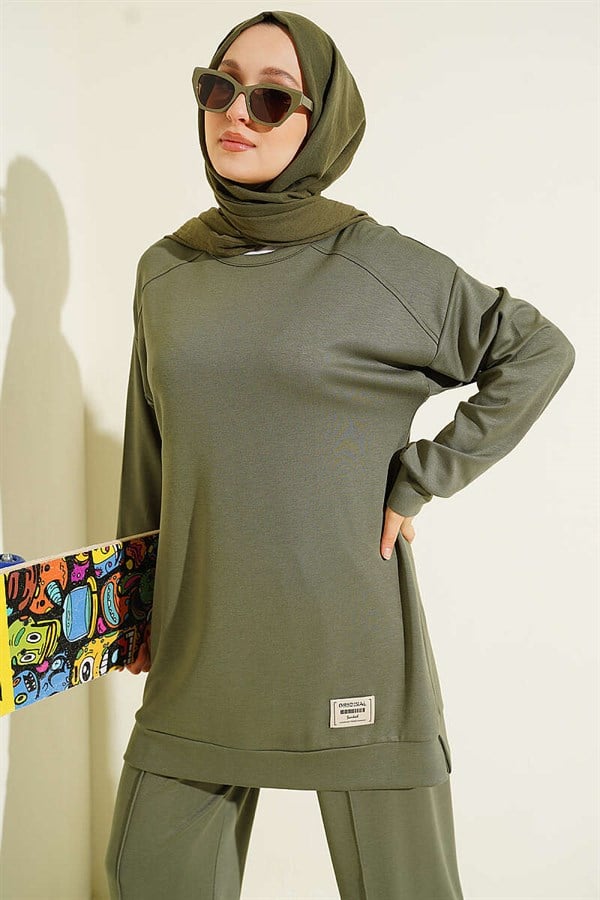 Emblem Detailed Casual Loysha 2 Piece Set, Khaki