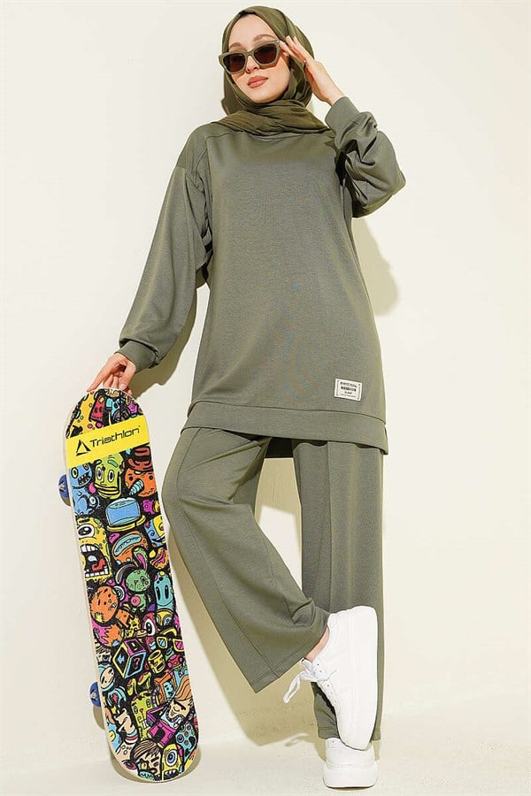Emblem Detailed Casual Loysha 2 Piece Set, Khaki