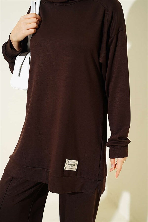 Emblem Detailed Casual Loysha 2 Piece Set in Coffee