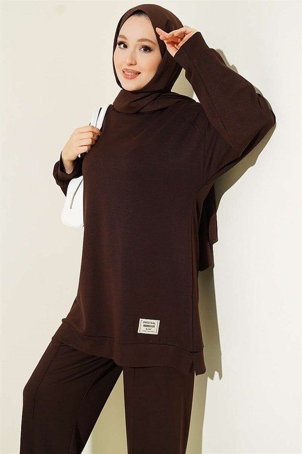 Emblem Detailed Casual Loysha 2 Piece Set in Coffee