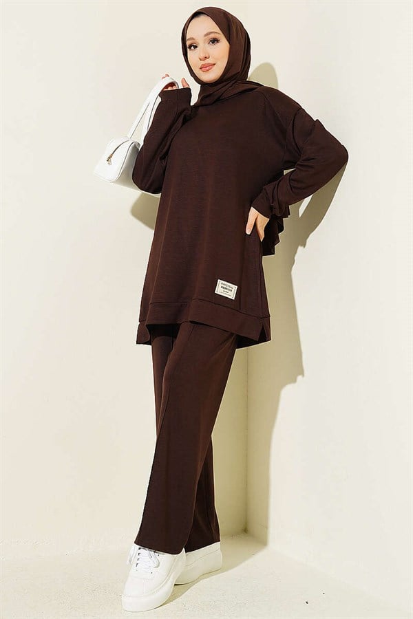 Emblem Detailed Casual Loysha 2 Piece Set in Coffee
