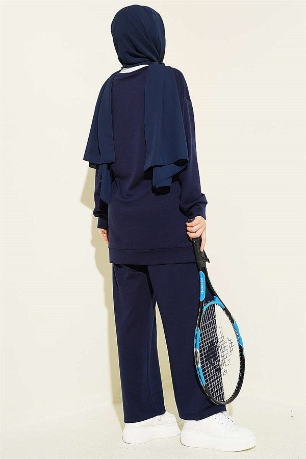 Emblem Detailed Casual Loisha 2 Piece Set, Navy Blue