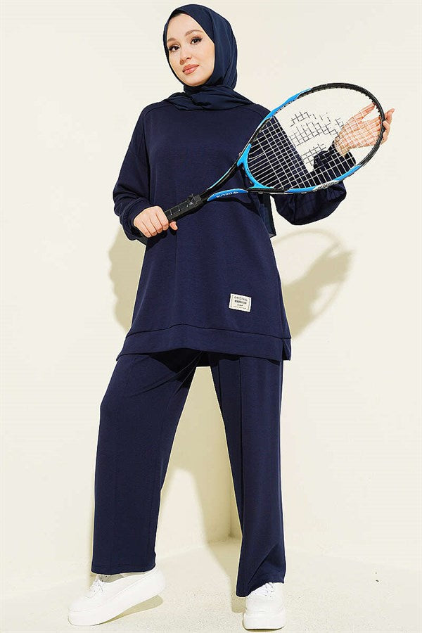 Emblem Detailed Casual Loisha 2 Piece Set, Navy Blue