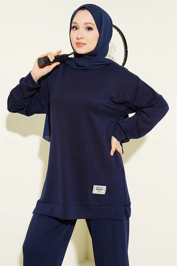 Emblem Detailed Casual Loisha 2 Piece Set, Navy Blue