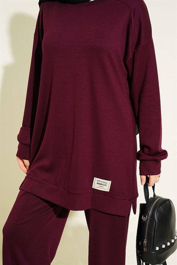 Emblem Detailed Casual Loisha 2 Piece Set, Plum