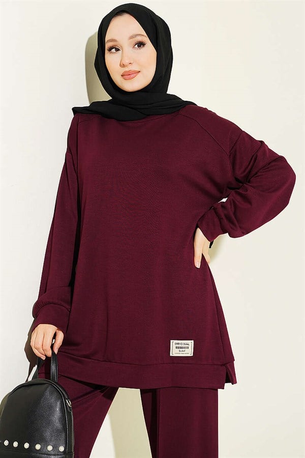 Emblem Detailed Casual Loisha 2 Piece Set, Plum