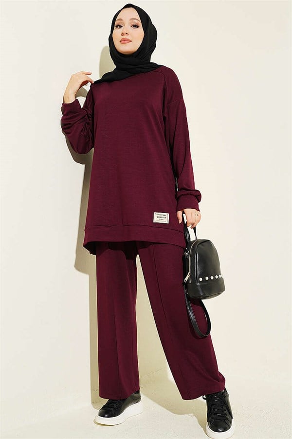 Emblem Detailed Casual Loisha 2 Piece Set, Plum