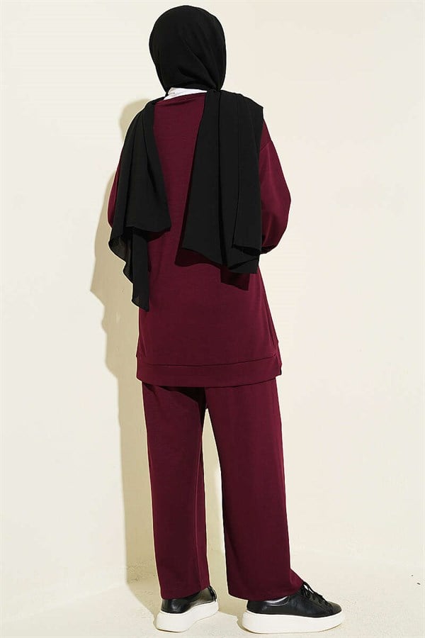 Emblem Detailed Casual Loisha 2 Piece Set, Plum