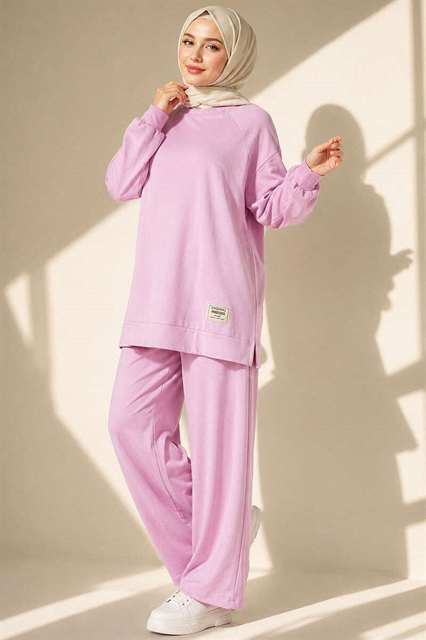 Emblem Detailed Casual Loisha 2 Piece Set Pink