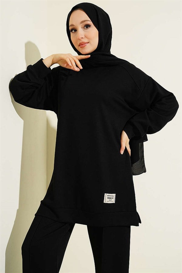 Emblem Detailed Casual Loysha 2 Piece Set, Black