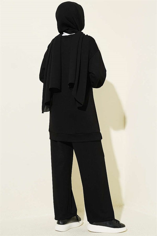 Emblem Detailed Casual Loysha 2 Piece Set, Black