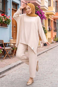 Emblem Detailed Casual Summer 2 Piece Set in Beige